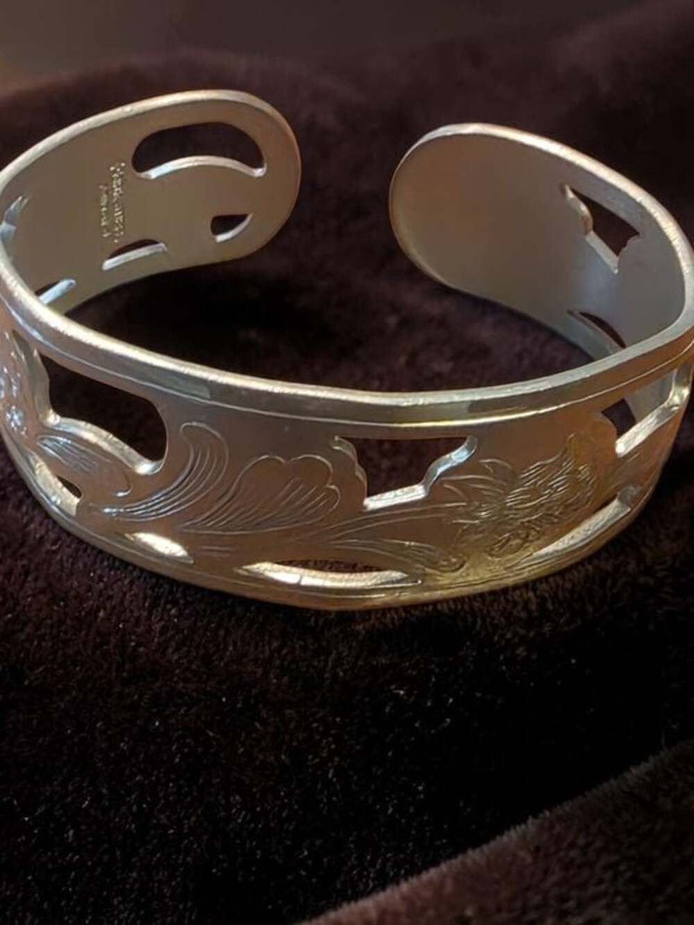 Vintage Silver Tone Etched Floral Cutout Cuff Bracelet